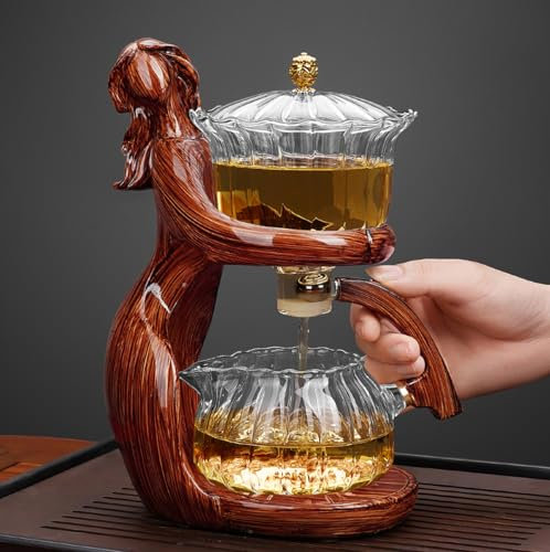 CUNHUY Lazy Kungfu Drip TeaPot, Heat Resistant Tea Set, Semi-Automatic Glass Teapot Suit for Magnetic Water Flow Wooden Glass Teapot Set with Cups (Red Maiden)