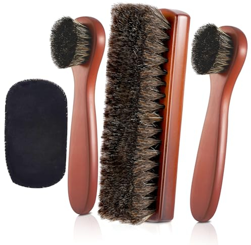 ABRVUAHM 4Pcs Horsehair Shine Shoes Brush Set, Shoe Polish Kit Polish Dauber Applicators Cleaning Leather Shoes Boots Care Brushes Suede Cleaner Brush with Microfiber Shoe Glove(Brown)