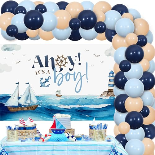 Sursurprise Nautische Babyparty-Dekorationen, Ahoy It's A Boy Babyparty-Hintergrund, nautische Ballon-Girlande, Bogen-Set für Ozean, Segeln, Babyparty, Partyzubehör, EU-F-PA-10418