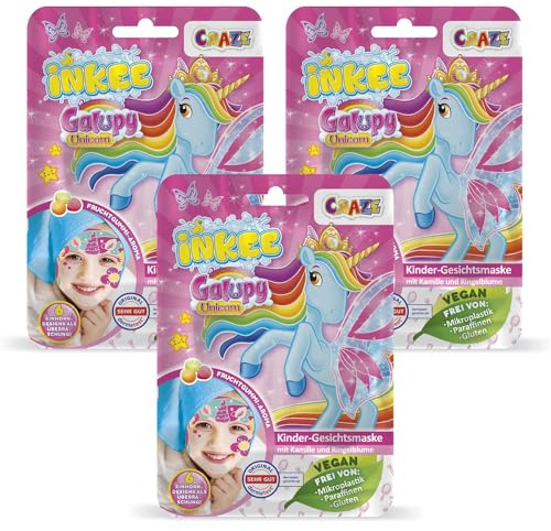 INKEE Pack de 3 Mascarillas Faciales Para Niños Galupy Unicorn Con Diseño De Unicornio (Hay 6 Diseños Diferentes) Con Camomila Y Caléndula, 3 Unidades