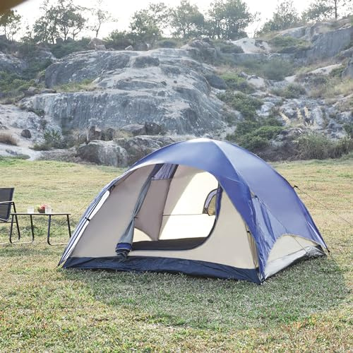 pro.tec Tente de Camping pour 2-3 Personnes Tente Dôme Igloo pour Festivals Randonnées avec Double-Toit Amovible Moustiquaires 213 x 213 x 130 cm Bleu Beige