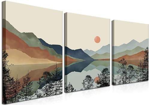 Framed Mountain Canvas Wall Art Set of 3, Boho Watercolor Poster Prints Painting, Sun Forest Abstract Nature Landscape Artwork Wall Decor for Living Room, Bedroom, Office 16x24 In