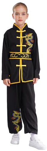 Agoky Tang dräkt för pojkar – kinesisk traditionell kostym kampsport kung fu uniform drake broderi kostymer långärmade toppar med byxor, Svart A, 134-140