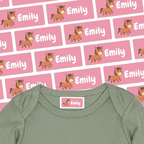 Etiketten mit Pferd-Motiv für Shirts & Co (125 Sticker) – Namensetiketten für deinen Rucksack oder Textilien – Geeignet für die Waschmaschine, Spülmaschine, Geschirrspüler – 30 x 13 mm