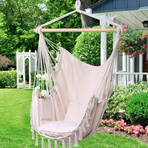 FIYSON Hängesessel,mit 2 Kissen,Hängematte Hängeschaukel,Baumwoll-Hängesessel Hartholz-Spreizstange Breiter Sitzschaukelstuhl,bis 150 kg,Hängesitz,Boho,für Indoor,Schlafzimmer und Garten (Weiß)