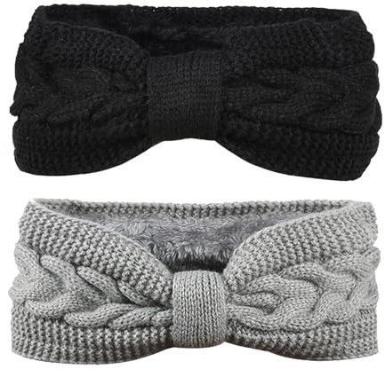 2 Stück Stirnband Damen Winter, Stirnband Mädchen, Gestrickte Headwrap Kopfband Elastische Gefüttert Fleece Haarband, Verdicken Stirnbänder Mädchen, für Herbst und Winter (Schwarz, Grau)