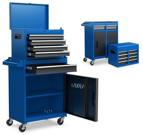 Goplus Rolling Tool Chest, 5-Drawer Tool Box Organizer w/Lockable Wheels & Sliding Drawers & Detachable Top & Adjustable Shelf, Tool Storage Cabinet for Garage Workshop (Blue)