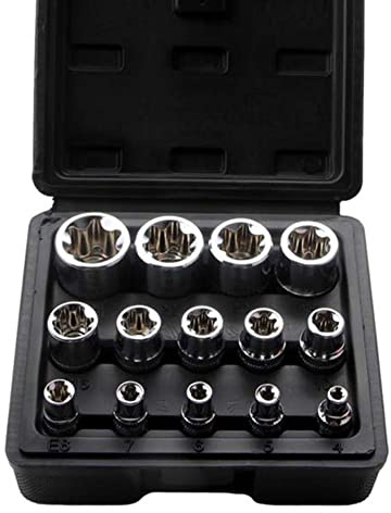 JTZXJJX 14-teiliges E-Torx-Steckschlüsselsatz, 12.5mm, 10mm, 6.3mm Antrieb, Externer Sternsteckschlüssel-Satz, E4-E24 Drehmoment-Steckschlüsselsatz, Schwarzes Gehäuse