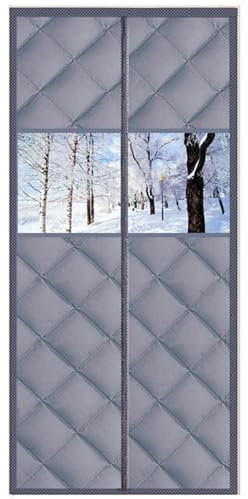 Magnetic Thermal Insulated Door Curtain - Fits 85X190/90X200/100X210cm Door Windproof Waterproof Winter Door Cover with Window - Thicken Oxford Auto Closure Insulation Door Curtain(Grey,80x210cm)