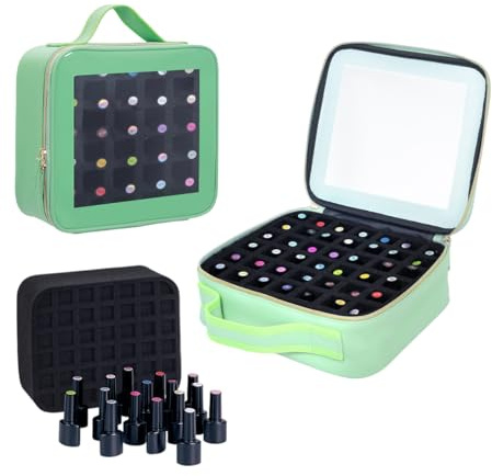 YAHOURWAT Förvaringslåda för nagellack rymmer 42 flaskor (15 ml/0,51 flytande) PU-läder bärbar sminkväska med avtagbar skiljevägg, gRÖN