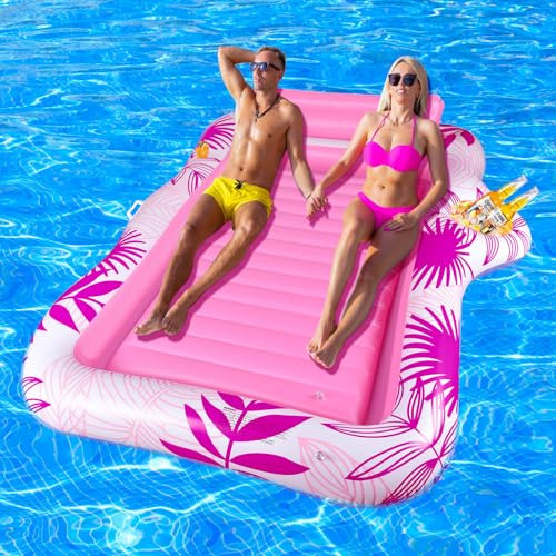 BuzzoXerex Materassino Gonfiabile Piscina, Gonfiabile Galleggiante Materasso Piscina Doppio Grande Adulti con Poggiatesta e Portabibite per Piscina Estiva in Spiaggia (Rosa)