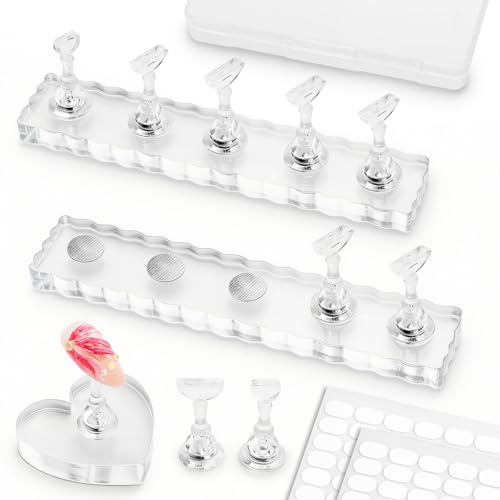 ESUOHYM Nail Stand For Press On Acrylic Strong Magnetic Nail Holder Kit For Painting Nails Tip Arts Display With 200PCS Double-Sided Tape And 1 Heart Shaped Acrylic Magnetic Presson Stands Nail Art Supplies