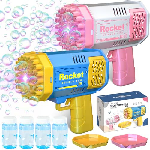 JEDWKFA 2 Stück Seifenblasenpistole für Kinder, 40 Löcher Automatische Seifenblasenpistolen, Seifenblasen Pistole 4 Flaschen Seifenblasenflüssigkeit + 2 Teller mit, Seifenblasen Bazooka mit Licht