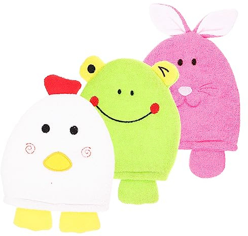 WRITWAA 3pcs Exfoliating Gloves for Beauty with Soft Polyester Fine Towel Cloth, Cartoon Animal Shape, Fits Most Adult Palms, Cute Bath Scrubbing Mitts for Shower and Bath Style