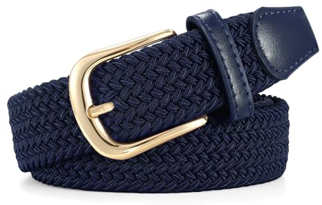 JasGood bälte dam flätat elastiskt bälte, justerbart stretchbälte, 3,3 cm bredd för jeans och byxor, unisex stretchigt tygbälte, Blå med guldspänne, L:120cm (Taillengröße 102cm-111cm)