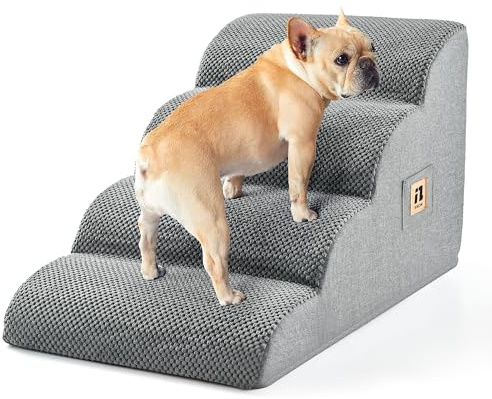 IFNOW Dog Stairs for Small Dogs 15.7''H, 4-Step Sturdy Dog Steps for Bed, Couch, Sofa, Waterproof Pet Stairs for Older Cats, Puppy, Removable Washable Cover, Non-Slip Curved Pet Ramp Indoor, Grey