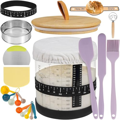 Sourdough Starter Jar Wide Mouth Sourdough Starter Kit with Ounce&ML Scale Line,Date Marked Feeding Band, Thermometer, Sourdough Jar Scraper, Silicone Lid,Cloth Cover & Bamboo Lid (1200ml/40oz-1 Set)