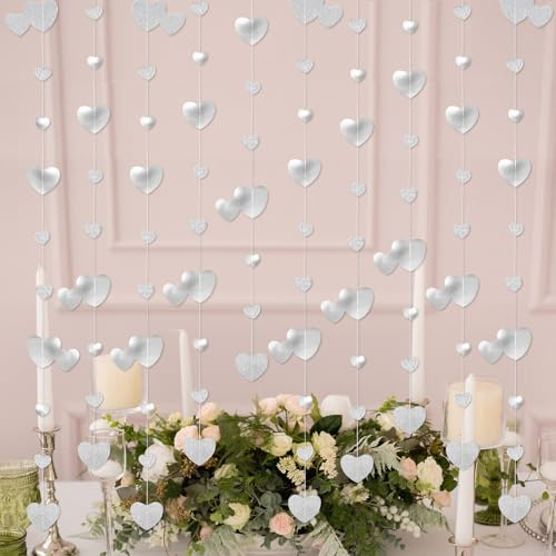 52 Ft Silber Herz Girlande Silberhochzeit Deko,4 Stück 4m Papier Herz Girlande Silber,Hängende Papier Herz Garland Deko für Silberhochzeit,Hochzeiten,Heiratsanträge,Verlobungen,Jubiläen, Geburtstage