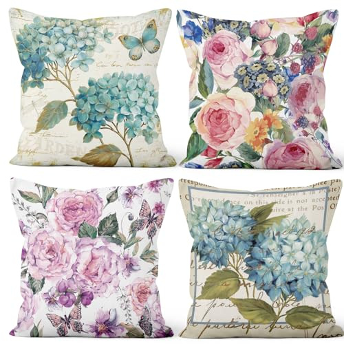 Yanutan Blue Pink Floral Throw Pillow Covers,Teal Purples Flower Decorative Velvet Pillow case,Butterfly Hydrangea Pattern 4-Pack Double-Side Printed Pillowcases for Sofa Home Living Room, 18x18 in