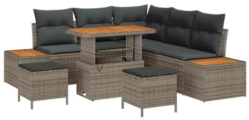 vidaXL 8 Delars Trädgårdsoffa Set Med Kuddar Grå Poly Rattan För Utomhus Möbler Justerbar Modulär Sittplats Upp Till 5 Personer Patio Väderbeständig Kuddad
