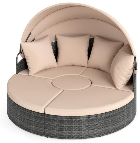 LIFEZEAL Sonneninsel, Rattan Sonnenliege mit faltbarem Sonnendach, Gartenmuschel wetterfest mit 4 Kissen, Relaxliege Gartenmöbel Set für Terrasse, Garten, Balkon, Meer, Pool (Khaki)
