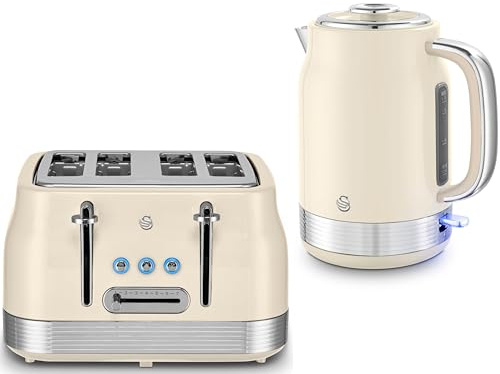 Swan Retro Revive Cream 1.7L 3KW Jug Kettle & 4 Slice Toaster. Matching Retro Design Kettle & Toaster Set in Chantilly Cream with Chrome Accents
