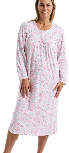 Marlon Women’s Jessie 40” Nightdress – Soft Knitted Jersey Classic Short Nightie With Cosy Long Sleeves & Button Placket – Warm Shorter Length Nightgown, Fun Pink, 16-18