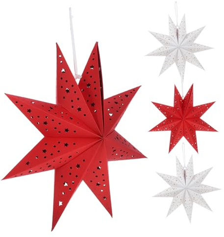 SAFIGLE 4 Pièces Lot de Lanternes Papier Étoiles de Noël Branches Rouge et Blanc Abat-Jour Suspendu Décoratif pour Fêtes Mariage Ambiance Chaleureuse et Lumineuse