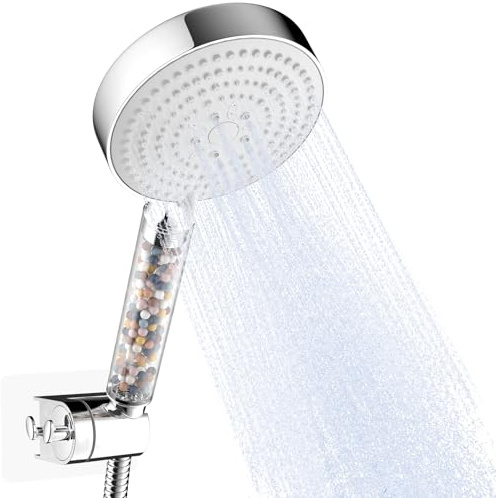 OFFO Set Completo Doccia con Filtro, Soffione + Flessibile + Supporto Parete,Bianco Coprifaccia 6 Modalità Getto Alta Pressione ​Bianco Coprifaccia, Doccia ​Maniglia trasparente, Cromo