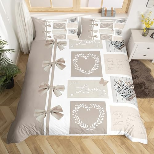 Homemissing Amour Bowknot Housse de Couette 220x240cm Garçons Filles Amour Ensemble de literie Romantique Beige Cœur Papillon Parure de Lit Chambre à Coucher décor Respirant Doux