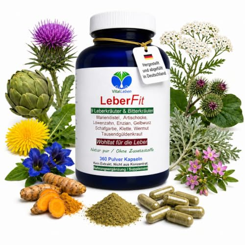 Leber Fit 9 LEBERKRÄUTER & BITTERSTOFFE 360 Leberkapseln mit Mariendistel Artischocke Löwenzahn Kurkuma Enzian… traditionell für LEBER & GALLE. 100% Natur. OHNE ZUSATZSTOFFE 26459-360