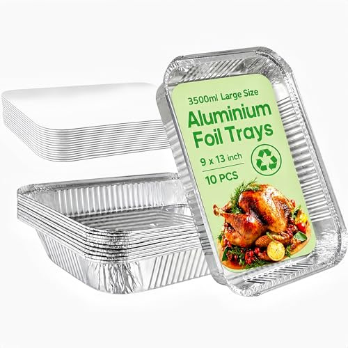 10 Pack Large Aluminium Foil Trays with Paper Lids(32x21x5cm, 3500ml), Heavy Duty Disposable Roasting Pans & Deep Baking Tins, Rectangular Foil Containers for Oven Cooking, BBQ, Freezer, Meal Prep
