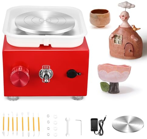 Töpferscheibe Elektrisch, Mini Electric Pottery Wheel 2000 U/min Einstellbare Geschwindigkeit mit Abnehmbarem ABS-Becken und 6,5/10 cm Drehteller, Töpferscheibe mit Tonformwerkzeug Geliefert