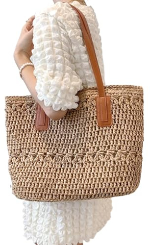 Otbushit Strandtasche, Stroh-Strandtasche für Damen, Sommerurlaub, große Kapazität, gewebte Schultertasche für Urlaubsutensilien, Khaki