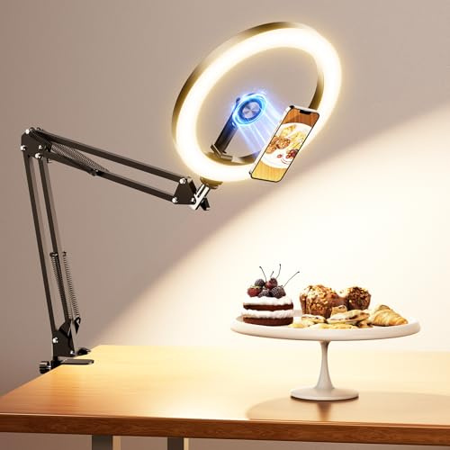 Magnetiskt ringljus med stativ overhead bord, Evershop flexibel ring light mobiltelefonhållare för videos foton, LED-ringlampa med fjärrkontroll för innehållskapande, TikTok, YouTube, hemmakontor