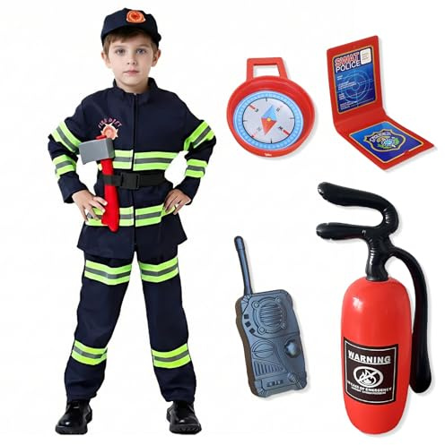 Feuerwehr Kostüm Kinder Set Blau, Feuerwehrmann Kostüm für Jungen & Mädchen - Berufs-Rollenspiel Outfit mit Jacke, Hose, Mütze und Zubehör für Karneval & Fasching, Gr. 120