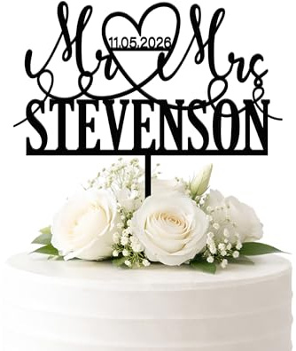 Custom Mr & Mrs Wedding Cake Topper with Surname and Date – Personalised Heart Topper in Acrylic or Wood
