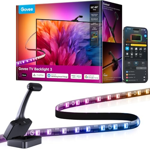 Govee TV Backlight 3 Dual Cámara, 3,6m RGBWIC Tira LED para 55-65 Pulgadas | 4MP Dual Cámara, 60 LED/m, Filtro de Color Inteligente con IA para Cine y Juegos, Compatible con Alexa y Control por App