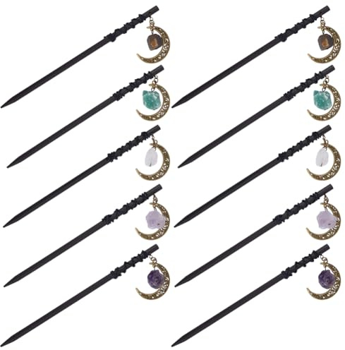 CRAFTYMELODY 10Pcs Vintage Moon Hair Stick Vintage Cresent Moon Dangle Hairstick Chinese Hair Sticks Natural Gemstone Hairs Sticks for Women Brides Barrel Elegant Decorative Jewelry Accessories Gifts