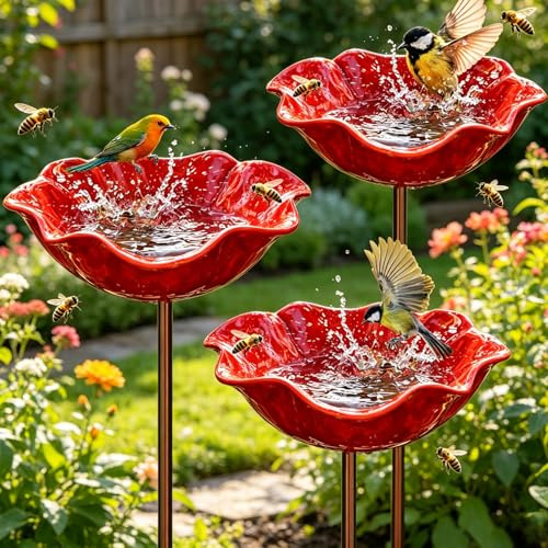 Vogeltränke Stehend,3 Stück Wassertränke für Vögel,Vogeltränke Blume | Blumen Gartenstecker,Blumenform Fütterungsschale,Bienentränke Metall,für Wildvögel Frostfest,Garten,Hinterhof