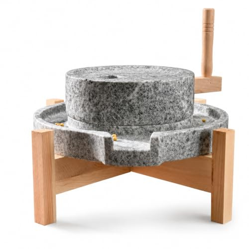 A handcrafted natural crank stone mill with a solid wood base, suitable for processing wheat, grains, and sesame seeds, ideal for producing bread, corn cakes, spices, and similar products.