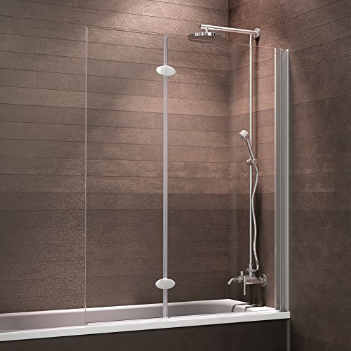 Schulte Badewannenfaltwand 2-teilig Komfort zum Kleben, 103 x 130 cm, 5 mm Sicherheitsglas (ESG) Klar hell, Alu-Natur, Duschabtrennung für Badewanne, Duschwand mit Teilrahmung