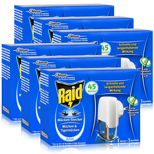 RAID Prise Anti Moustiques avec Recharge – Anti Moustiques & Tiger moustiques – Protège jusqu'à 45 Nuits, chacun 8 heures – rapide et effet longue durée – Sans parfum (Lot de 6)