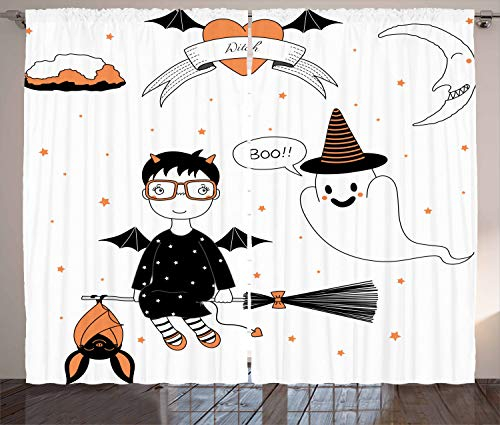 ABAKUHAUS Geist Rustikaler Vorhang, Hexe, die auf einen Besenstiel fliegt, Wohnzimmer Universalband Gardinen mit Schlaufen und Haken, 280 x 260 cm, Orange Weiß und Schwarz