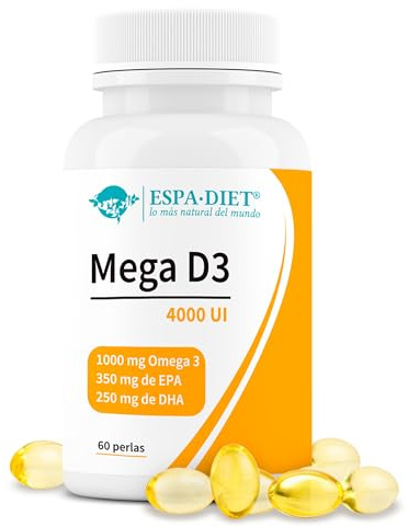 Espadiet Mega D3 - Vitamina D3 4000UI con Omega 3 EPA + DHA, Mayor Absorción y Más Asimilable, Suplemento Vitaminico para el Bienestar General, Huesos y Músculos - 60 Perlas (2 Meses)