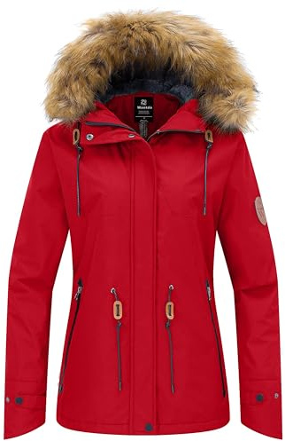 wantdo Women's Windproof Snowboarding Jacket Hooded Fleece Winter Ski Coat Red XL