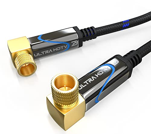 Ultra HDTV 2m SAT Antennenkabel, Satellitenkabel Koaxialkabel 2x Gewinkelt, F-Stecker (90° Grad) zu F-Stecker (90° Grad), Metallstecker für TV, HDTV, Radio, DVB-T/C/S/S2