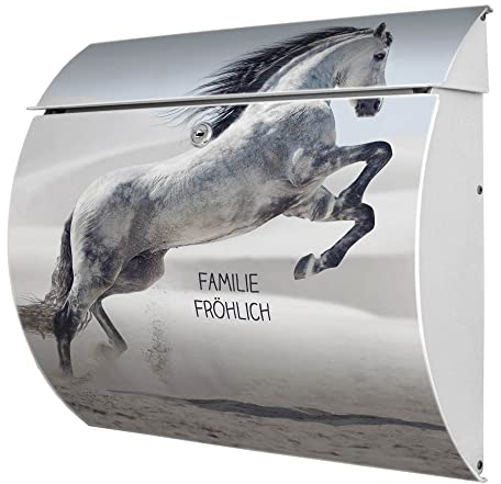 banjado® Burgwächter® Briefkasten weiß aus Stahl mit Motiv Wildes Pferd/Briefkasten mit Namen personalisierbar/Briefkasten ohne Zeitungsfach mit Kippdach & Öffnungsstopp, 2 Schlüssel