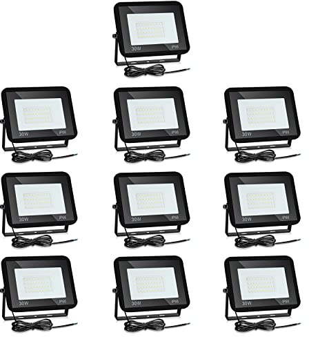 Izrielar 30W Projecteur LED, 10pcs 2550LM 3000K Lumière Blanche Chaude Super Lumineux Appliques Murales Extérieures, étanche IP66, Projecteur Extérieur LED pour Jardin, Cours, Garage, Hôtel