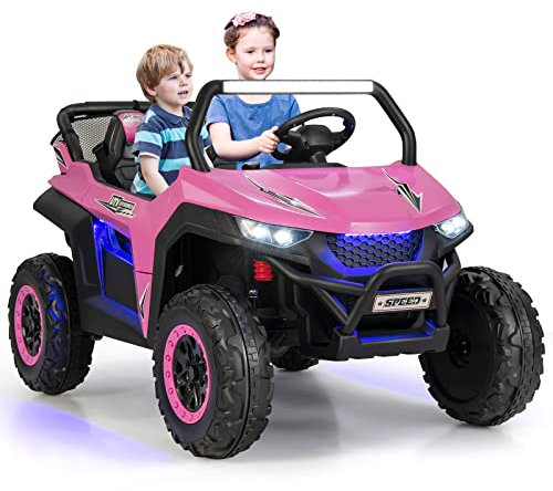 GYMAX Kids Electric UTV, 2-Seater 12V Battery Powered Toy Car with Remote Control, Lights, Bluetooth, MP3, USB, FM, High/Low Speed & Suspension Spring, Children Ride on Car for 3-8 Years Old (Pink)